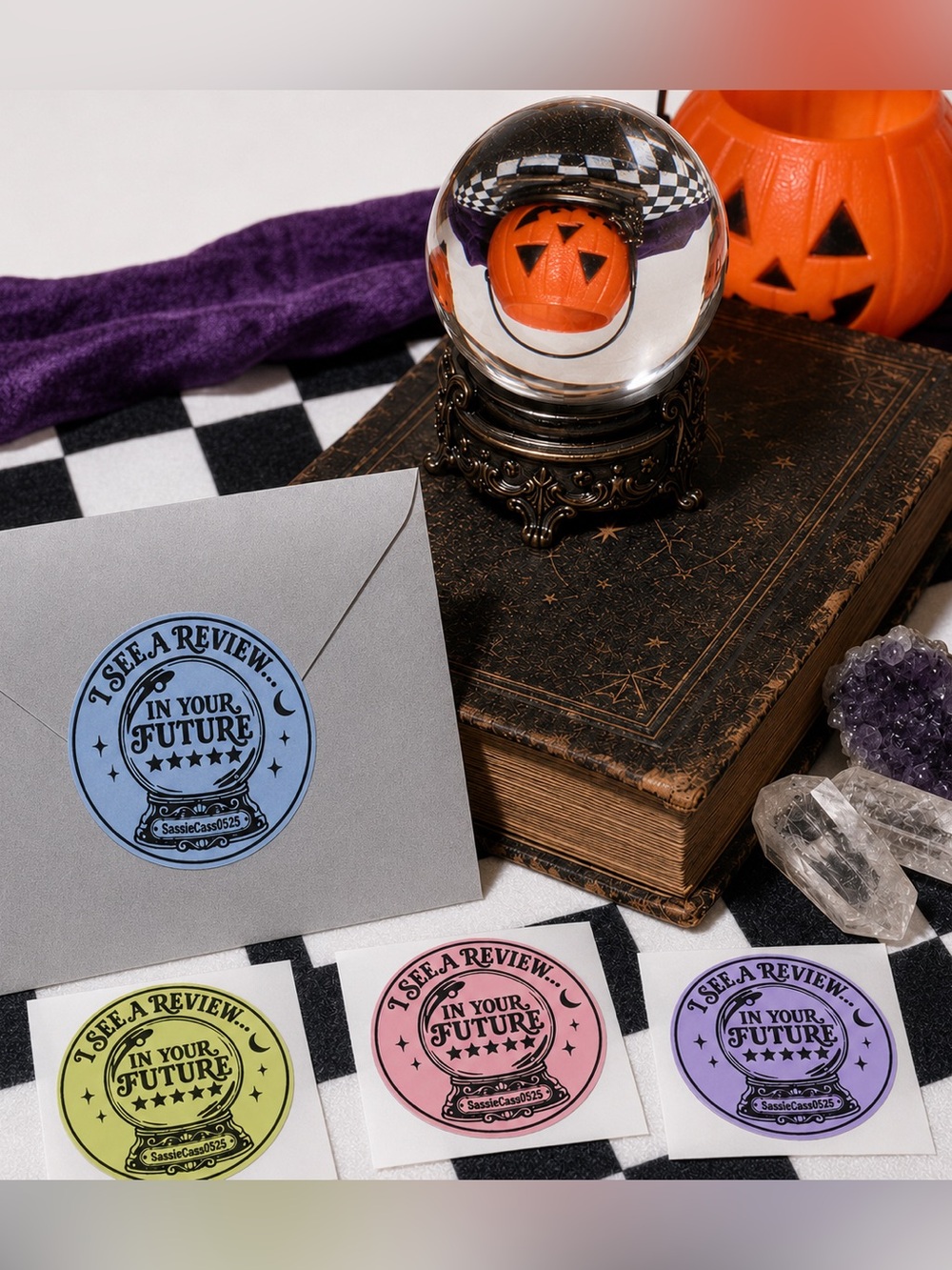 50 Personalized Halloween Review Stickers 2” Crystal Ball Pastel Labels
